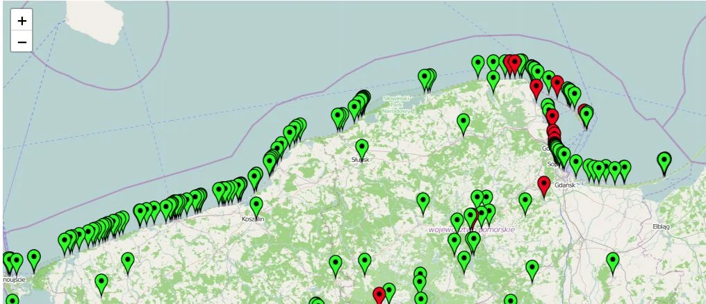 Aktualna (w dn. 2 sierpnia 2018) mapa czynnych i zamkniętych kąpielisk nad Bałtykiem.