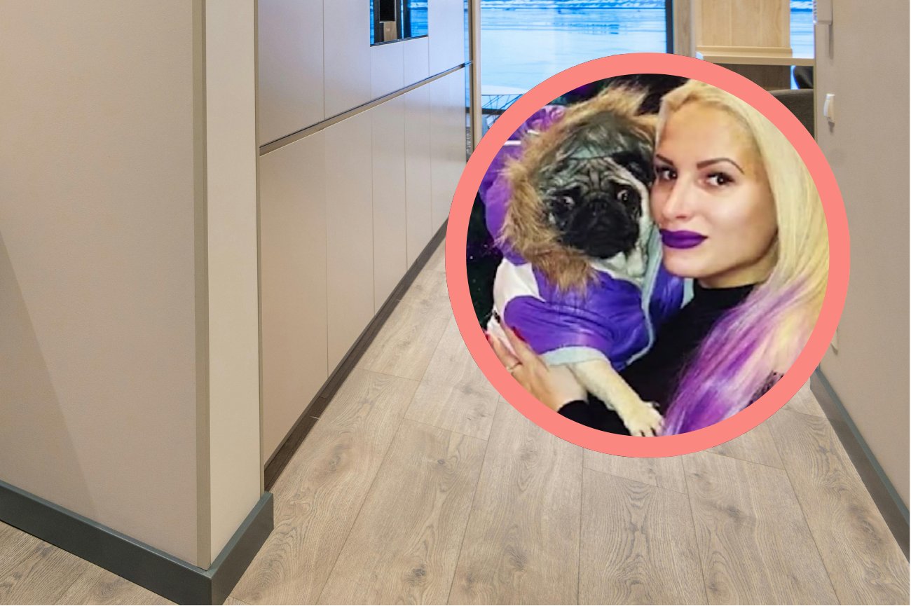 Zwłoki kobiety znalezione w mieszkaniu, częściowo zjedzone przez jej własne mopsy Adriana Neagoe z mopsem, tło przedpokoju