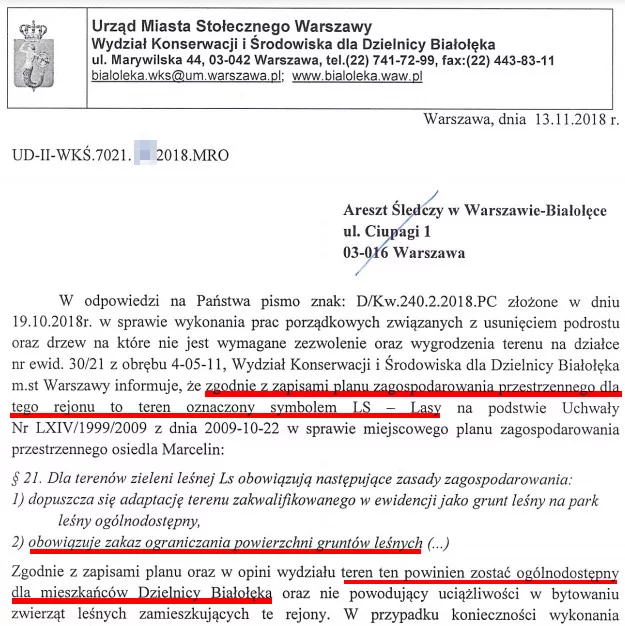 Działka, gdzie ma powstać uczelnia Służby Więziennej, to teren leśny, który powinien pozostać ogólnodostępny – wynika z pisma z Urzędu Dzielnicy.