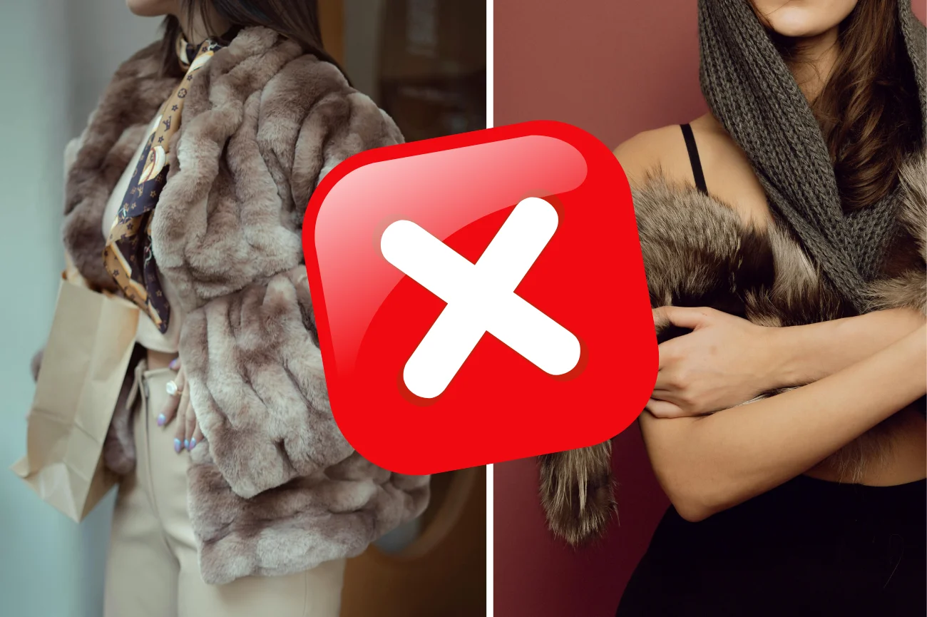 Kobiety w futrach przekreślone czerwonym znakiem z białym krzyżykiem