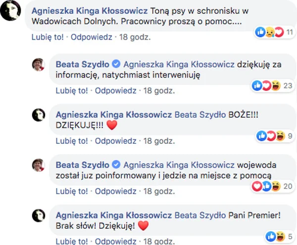 Dyskusja na profilu wicepremier Beaty Szydło.