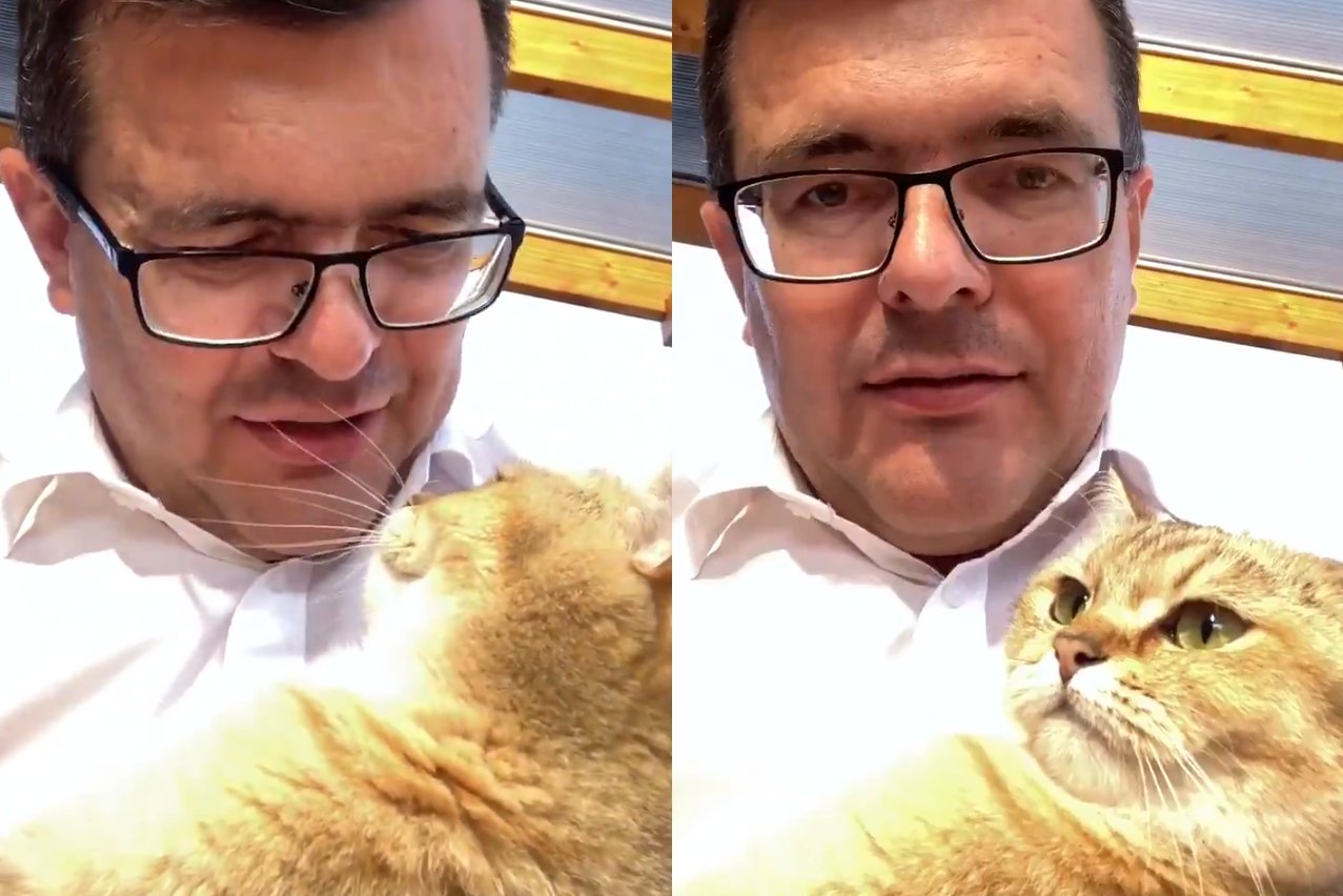 Poseł PiS Piotr Uściński z kotem Fuzią