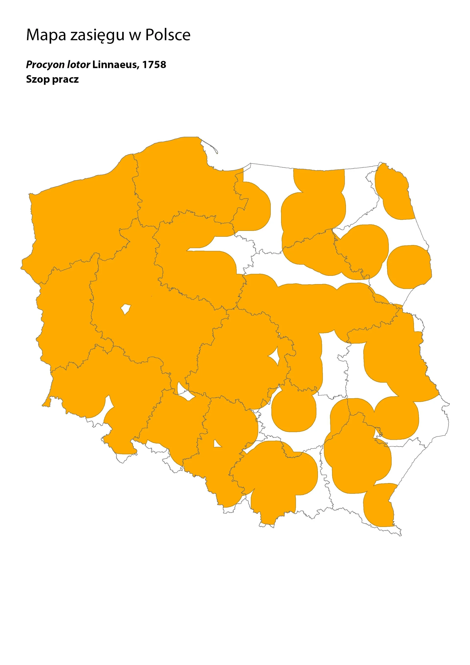 Mapa występowania szopa pracza w Polsce