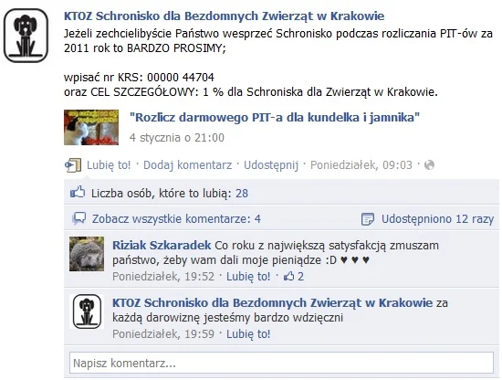 Poprzez fanpage można zbierać 1% podatku PIT